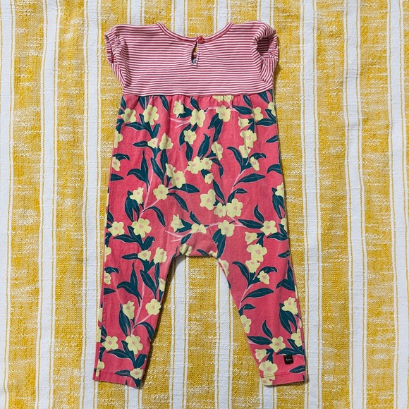 Tea Collection Baby Girls Romper 12-18 Months Pink Floral Stripe Short Sleeve - Picture 4 of 4